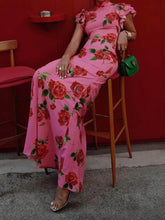 Load image into Gallery viewer, Cheongsam Rose Floral Print Tiered Flare Sleeve Stretch Maxi Dress