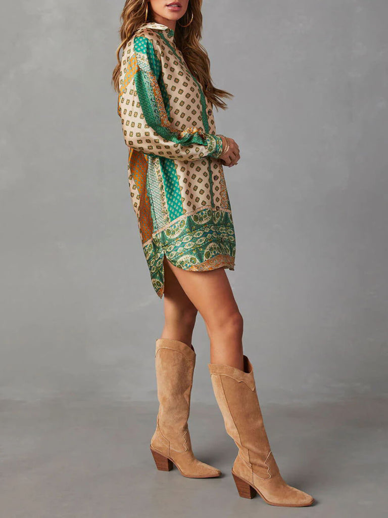 Never Too Late Boho Print Long Sleeve Mini Dress