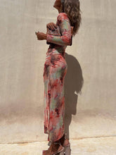 Load image into Gallery viewer, Charm Lady Mesh Overlay Tie Dye Print Long Sleeve Ruched Stretch Midi Dress