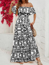 Carregar imagem no visualizador da galeria, One-Shoulder Short-Sleeve Printed Ruffle Maxi Dress