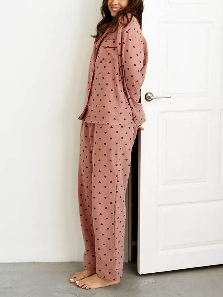 Heart Pattern Lapel French Pajama Set