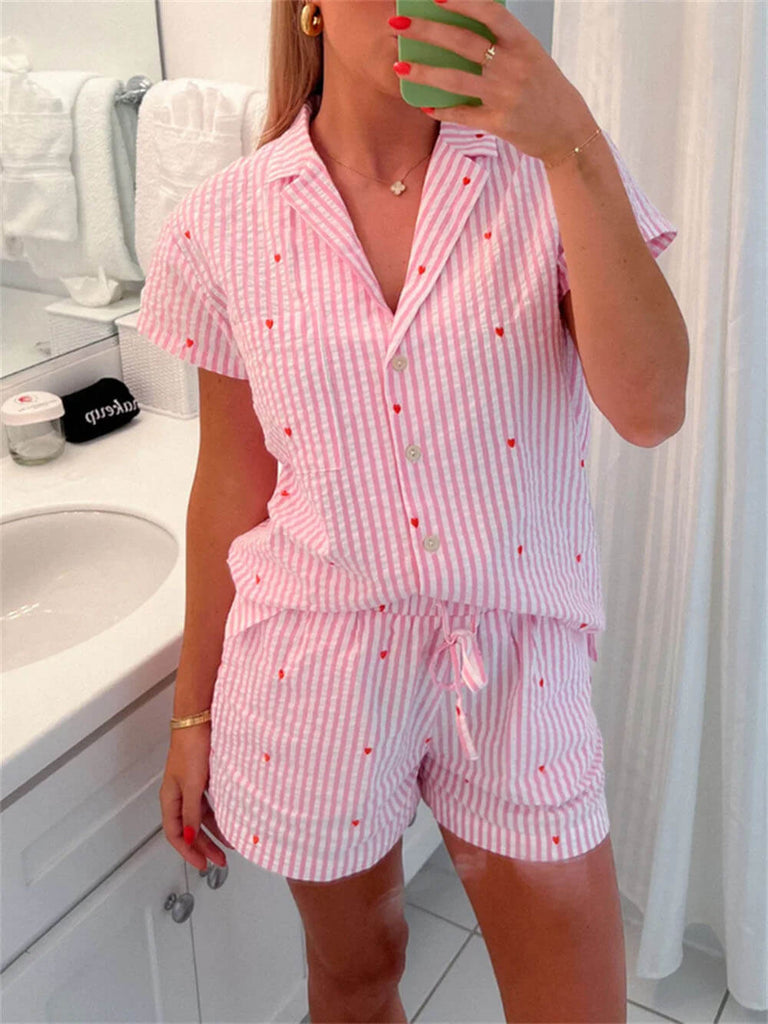 Ensemble chemise à imprimé rayé et short à lacets avec cordon de serrage pour la maison