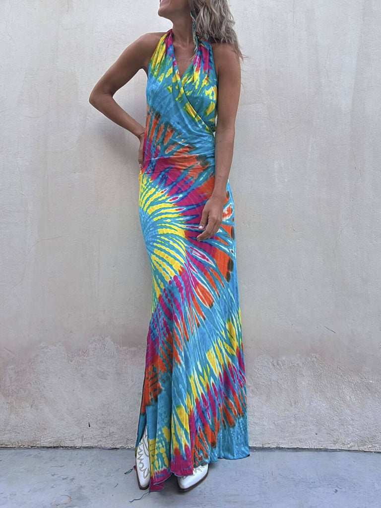 Robe longue extensible dos nu à imprimé tie-dye