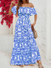 画像をギャラリービューアに読み込む, One-Shoulder Short-Sleeve Printed Ruffle Maxi Dress