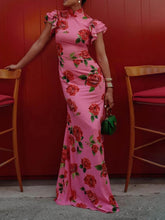 Load image into Gallery viewer, Cheongsam Rose Floral Print Tiered Flare Sleeve Stretch Maxi Dress