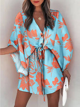 Laden Sie das Bild in den Galerie-Viewer, V-Neck Tie Printed Batwing Sleeve Dress