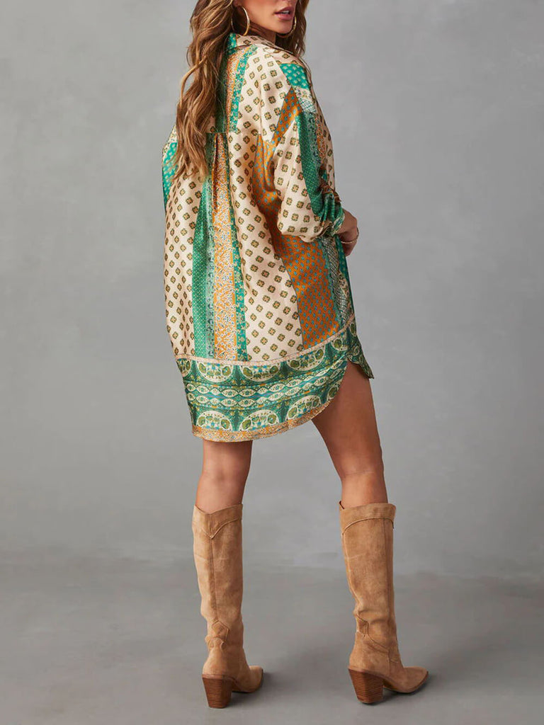 Never Too Late Boho Print Long Sleeve Mini Dress