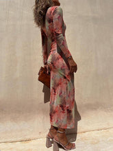 Load image into Gallery viewer, Charm Lady Mesh Overlay Tie Dye Print Long Sleeve Ruched Stretch Midi Dress