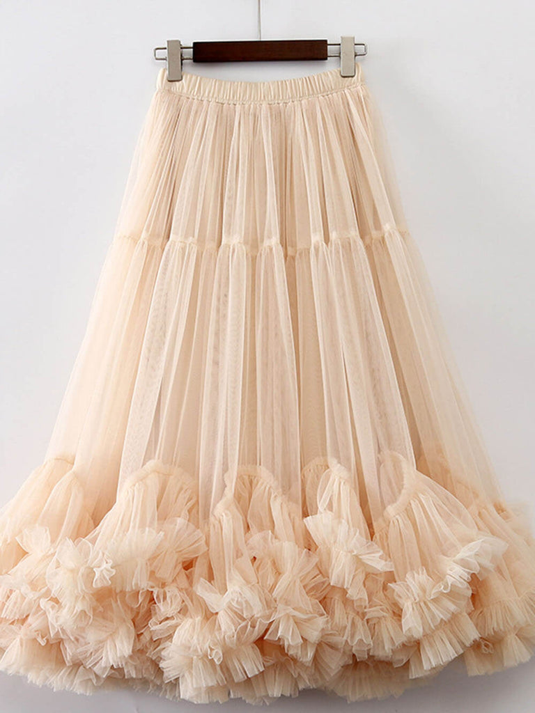 Elegant Tulle Stretch Waist Paneled Pleated Maxi Skirt