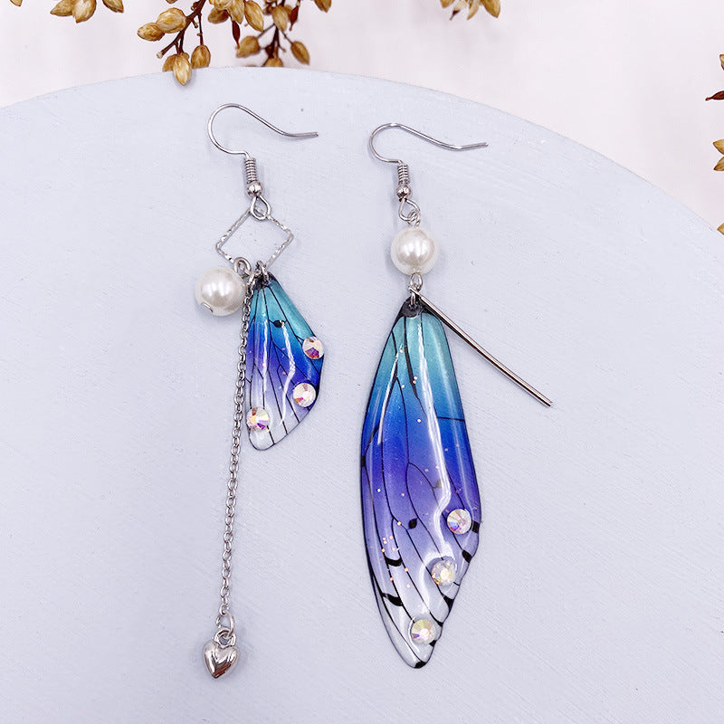 Boucles d'oreilles à pampilles en forme d'aile de cigale en feuille d'or bleu et aile de papillon 