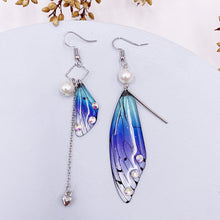 Load image into Gallery viewer, Butterfly Wing Blue Gold Foil Cicada Wing Tassel Earrings