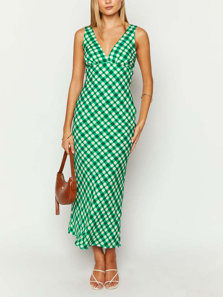 Vintage Green Plaid V-Neck Maxi Dress