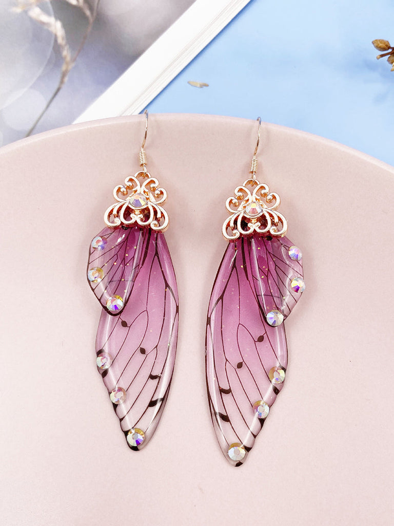 Boucles d'oreilles en cristal d'aile de cigale avec strass roses et ailes de papillon