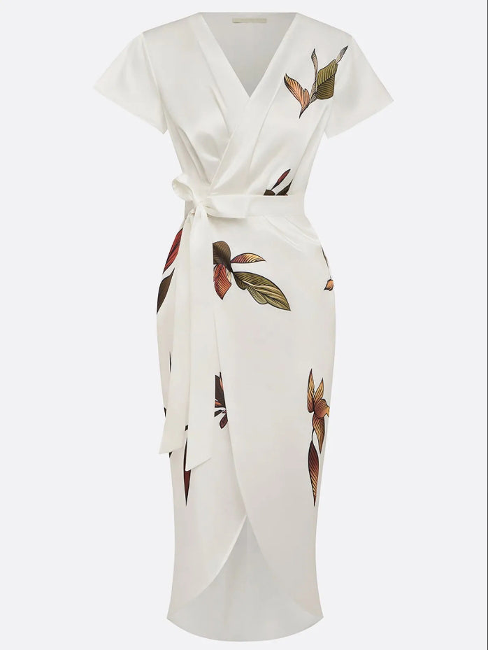 White Leaf Short Sleeve Satin Wrap Sheath Midi Dress