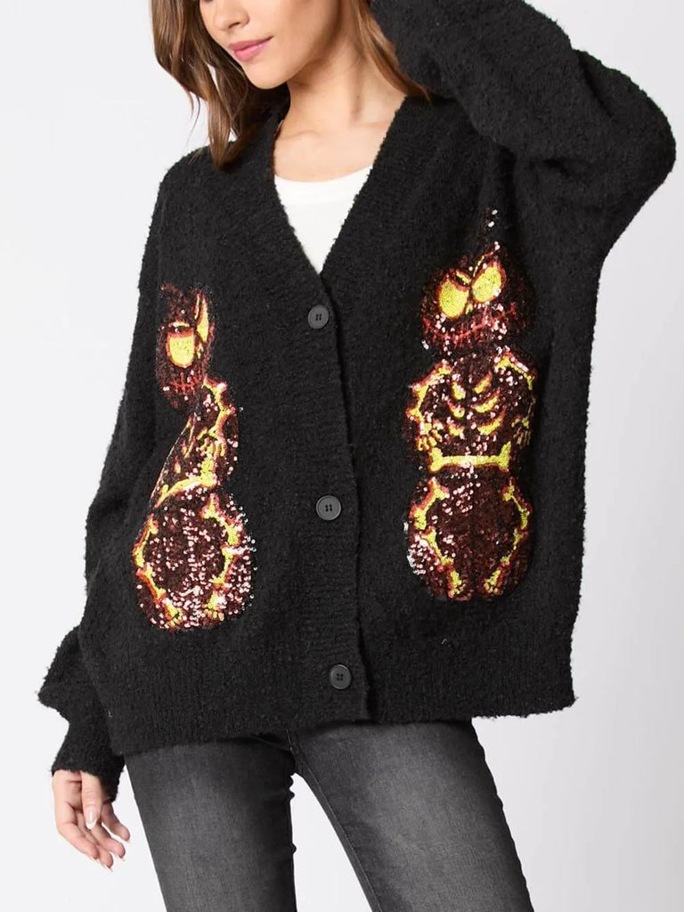 Halloween Eve Pumpkin Devil Sequin Cardigan Sweater