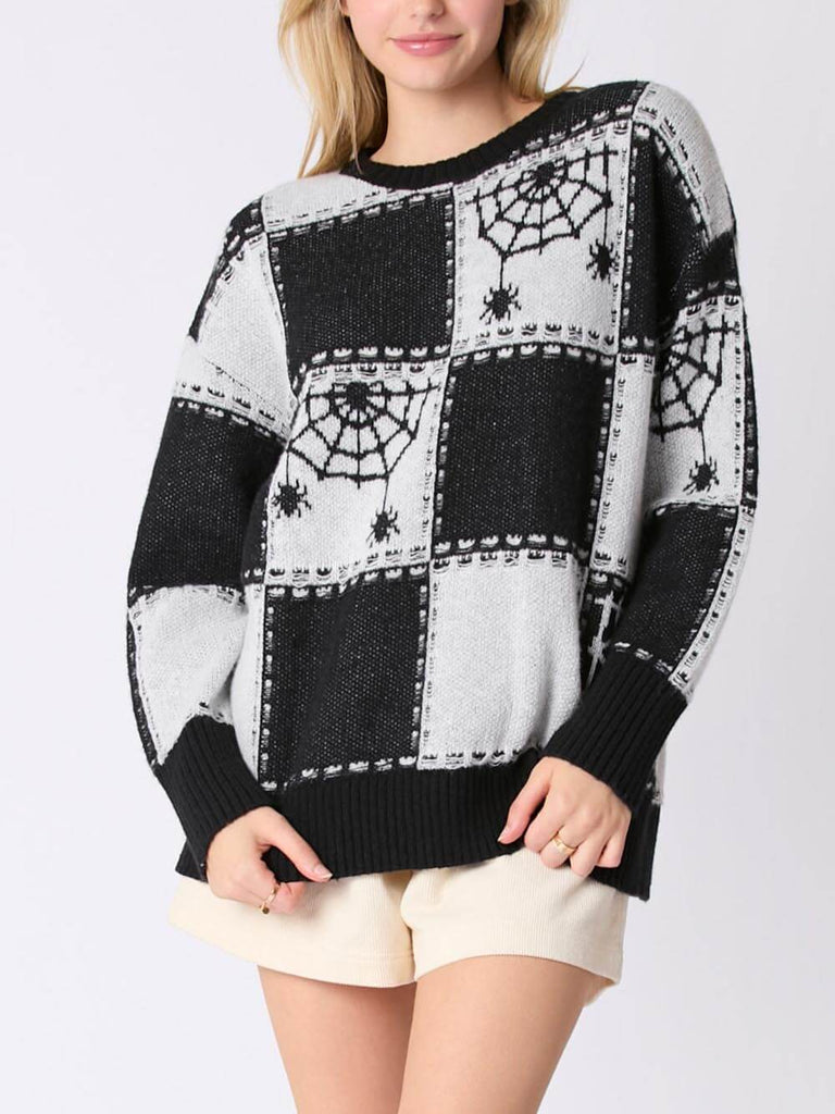 Cosplay Halloween Ghost Plaid Spider Web Pullover Knit Sweater