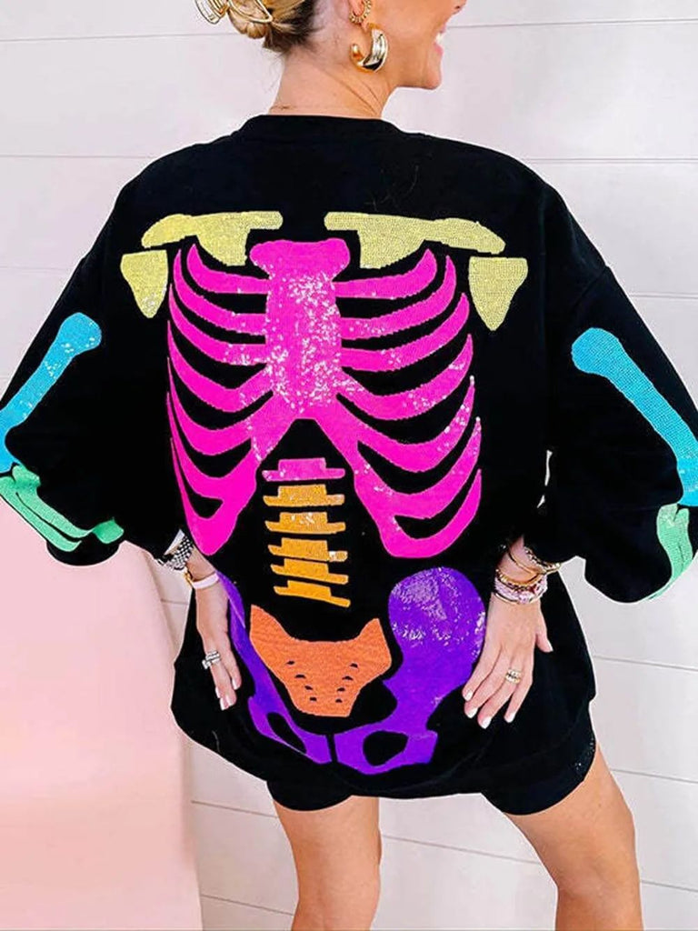 Rainbow Halloween Skull Print Pullover Sweatshirt