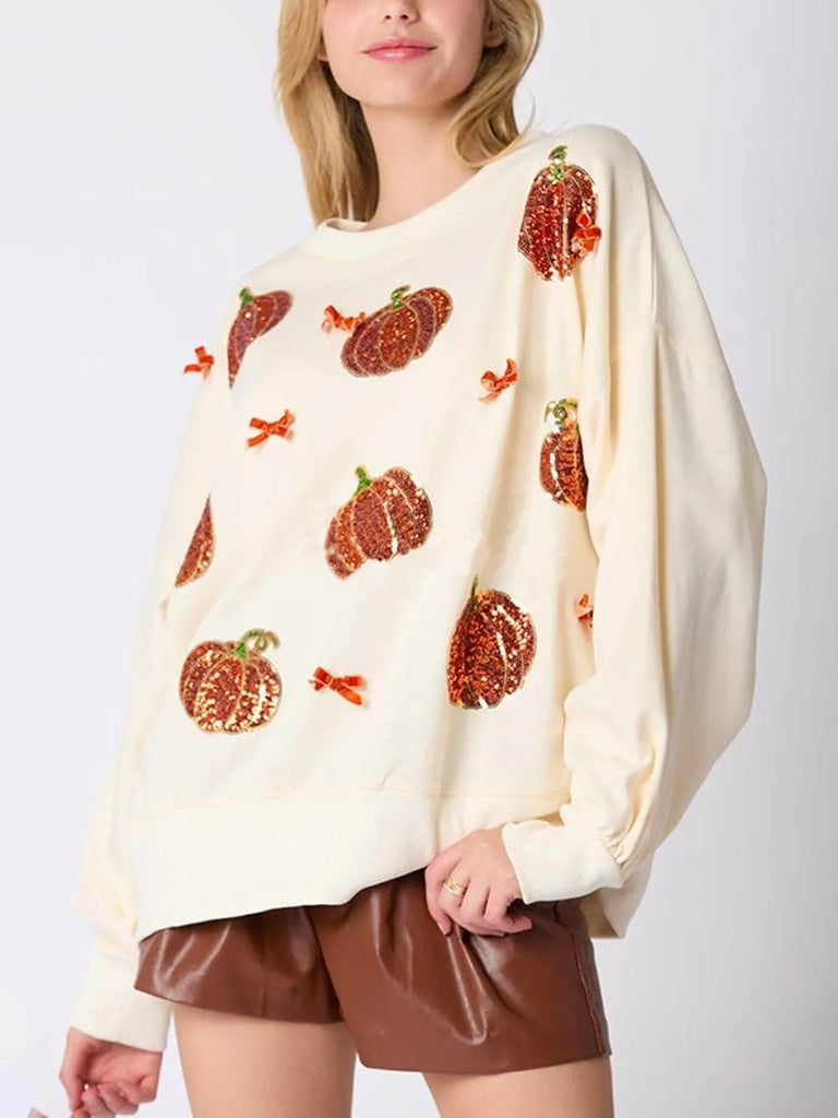 Halloween Colorful Pumpkin Embroidered Loose Sweatshirt