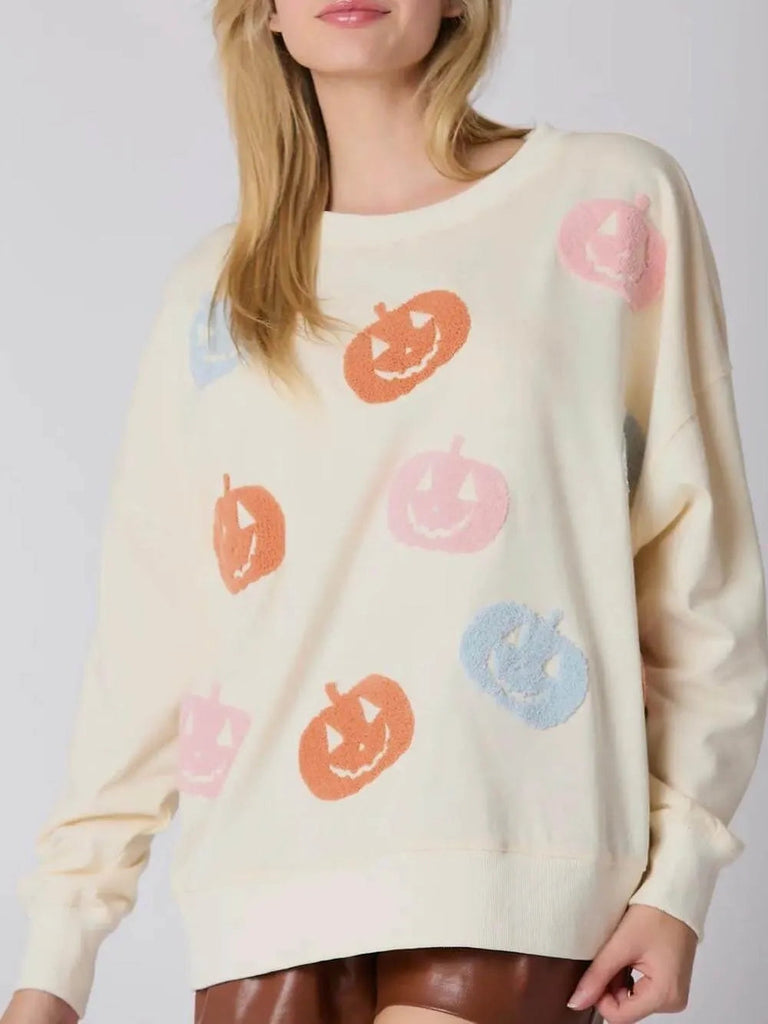 Halloween Colorful Pumpkin Embroidered Loose Sweatshirt