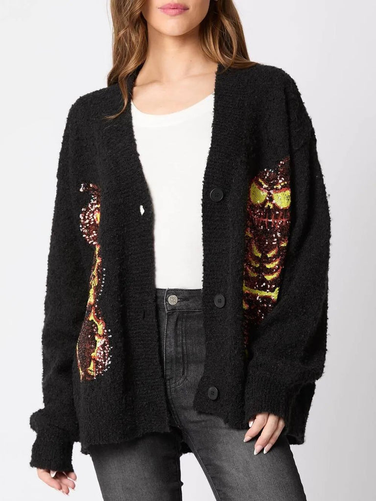 Halloween Eve Pumpkin Devil Sequin Cardigan Sweater