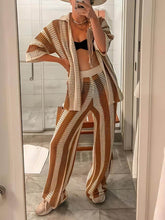 Load image into Gallery viewer, Fashion Loose V-Neck Hollow Out Striped Shirt Wide Leg Pants Set