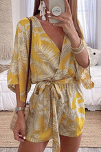 Indlæs billede til gallerivisning Kimono V Neck Leaf Print Wrapped Batwing Romper In Yellow