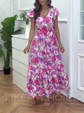 Carregar imagem no visualizador da galeria, Casual Sexy V-Neck Printed Waist Retracting Bubble Sleeve Dress