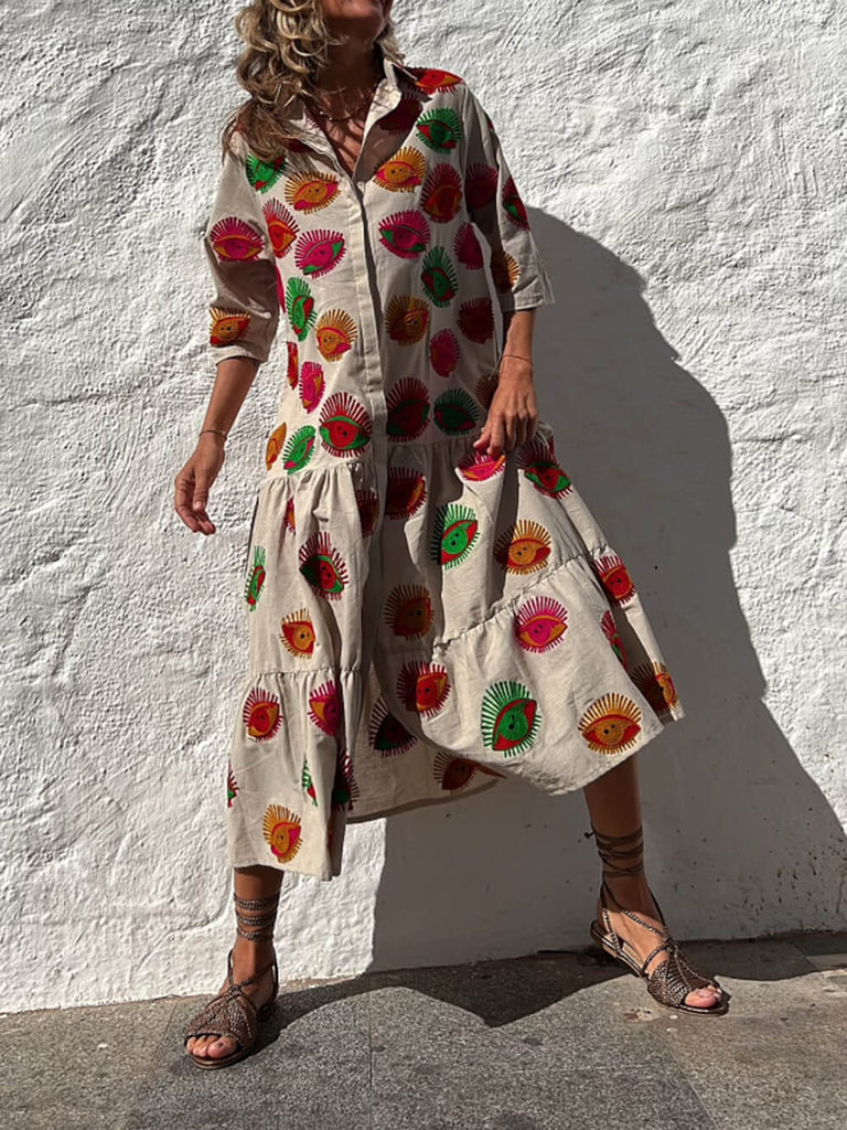 Ethnic Unique Print Button Loose Shirt Midi Dress