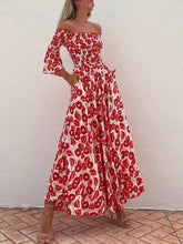 Carica l&#39;immagine nel visualizzatore di Gallery, Floral Print Smocked Off Shoulder Pocketed Maxi Dress