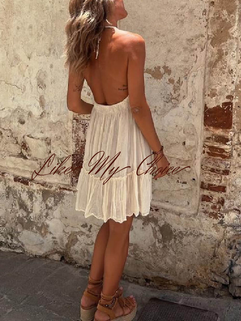 Casual Vacation Halterneck Pleated Loose Mini Dress