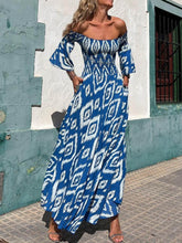 Lataa kuva Galleria-katseluun, Vacation Ethnic Print Smocked Off Shoulder Pocketed Maxi Dress