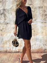 Laden Sie das Bild in den Galerie-Viewer, Features Gold-Trimmed V-Neck Bat-Sleeve Mini Dress