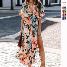 Load image into Gallery viewer, High Split Sexy V-Neck Print Dress