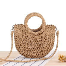 Load image into Gallery viewer, Vintage Coin Buckle Handbag: Woven Cotton Rope with Round Rattan Handle and Diamond Hollow Pattern