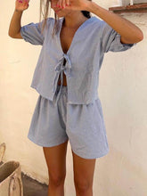 Load image into Gallery viewer, Plaid Front Lace-up Puff Sleeve Top and Elastic Waist Shorts Set