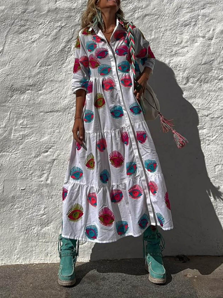 Ethnic Unique Print Button Loose Shirt Midi Dress