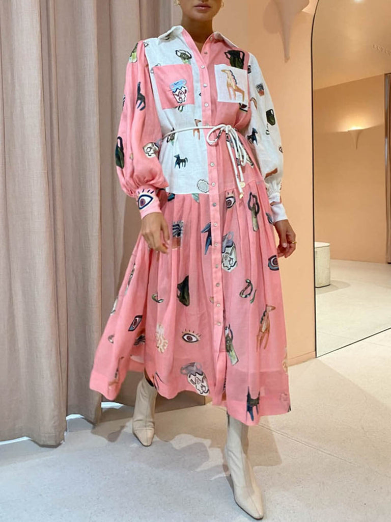 Unique Print Balloon Sleeve Pocket Belt Shirt Midi Dress