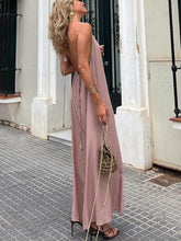 Carregar imagem no visualizador da galeria, Gold Trimmed Halter Neck Maxi Dress