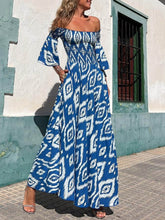 Load image into Gallery viewer, Vacation Ethnic Print Smocked Off Shoulder Pocketed Maxi Dress