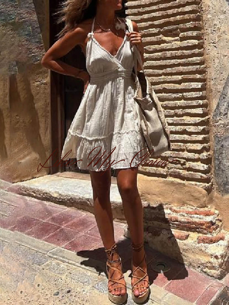 Casual Vacation Halterneck Pleated Loose Mini Dress