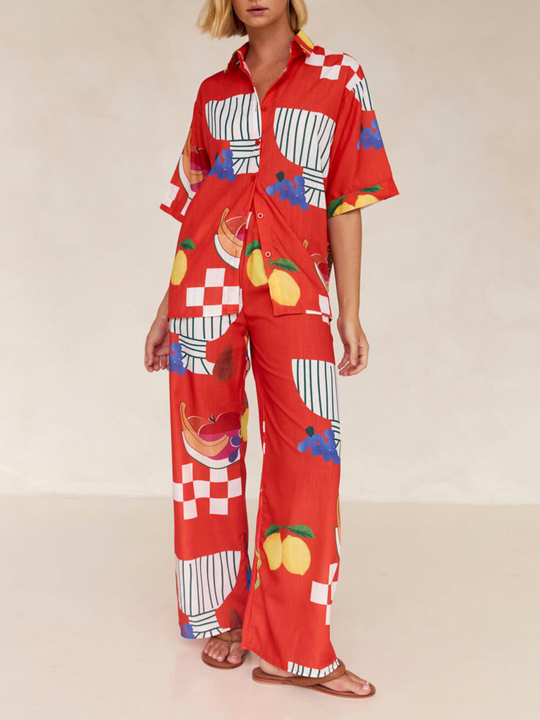 Ensemble chemise ample et pantalon à jambe large avec imprimé fruit unique pour les vacances