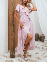 Load image into Gallery viewer, V-neck Seaside Beach Vacation Lace-up Boho Dress