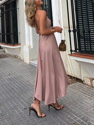 Halterneck V-Neck Maroon Makeup Midi Dress