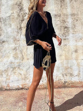 Carregar imagem no visualizador da galeria, Features Gold-Trimmed V-Neck Bat-Sleeve Mini Dress