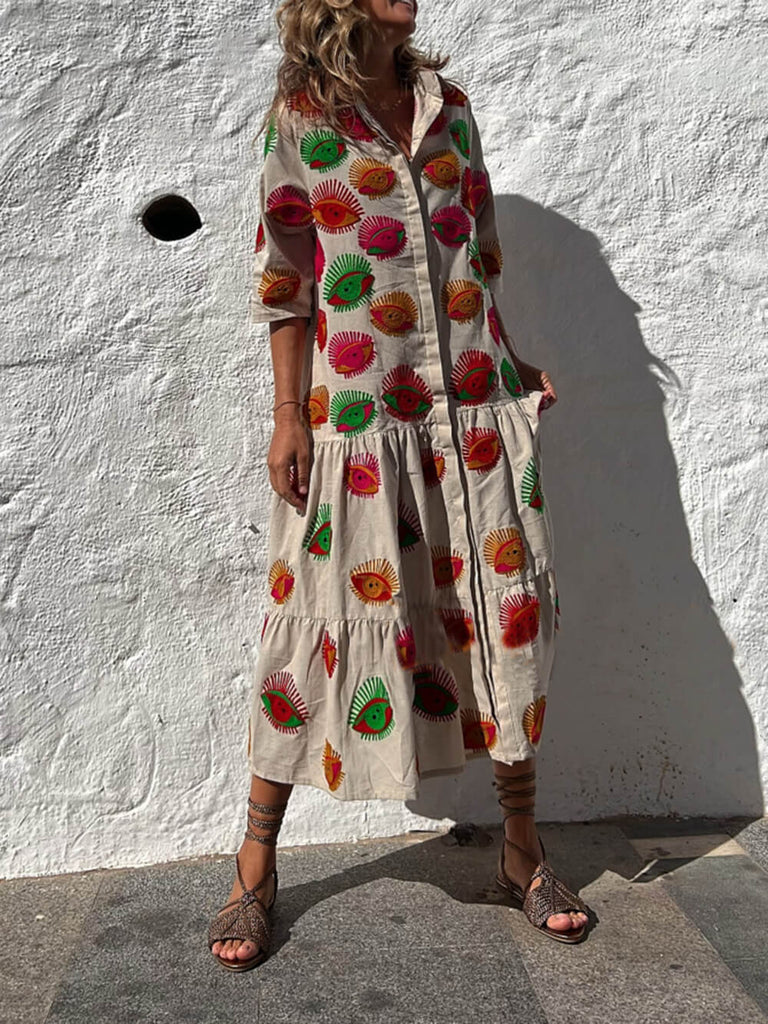 Ethnic Unique Print Button Loose Shirt Midi Dress