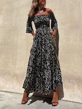 Load image into Gallery viewer, Off-The-Shoulder Smocked Stretch Black Printed Maxi Dress