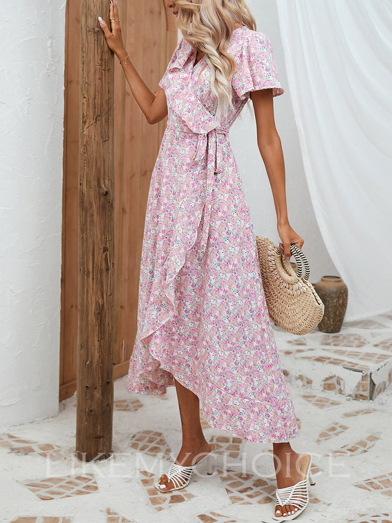 V-neck Seaside Beach Vacation Lace-up Boho Dress