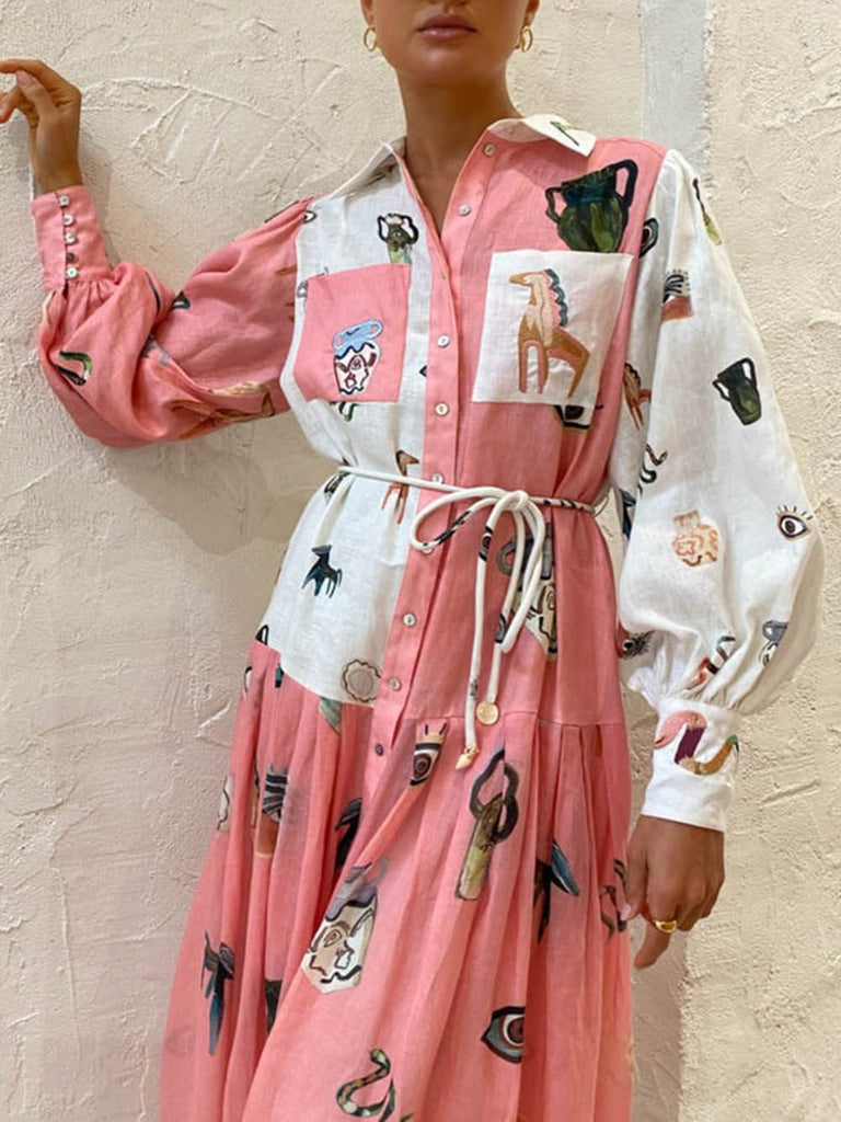 Unique Print Balloon Sleeve Pocket Belt Shirt Midi Dress