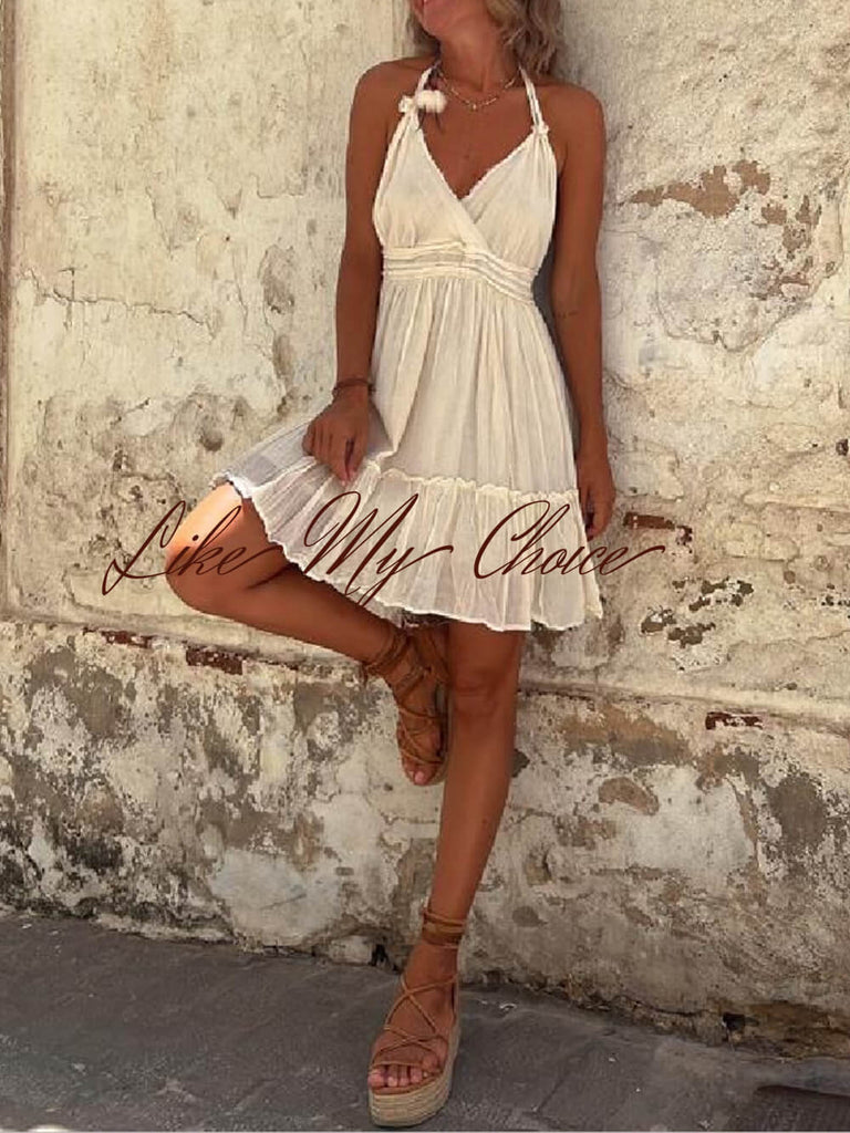 Casual Vacation Halterneck Pleated Loose Mini Dress