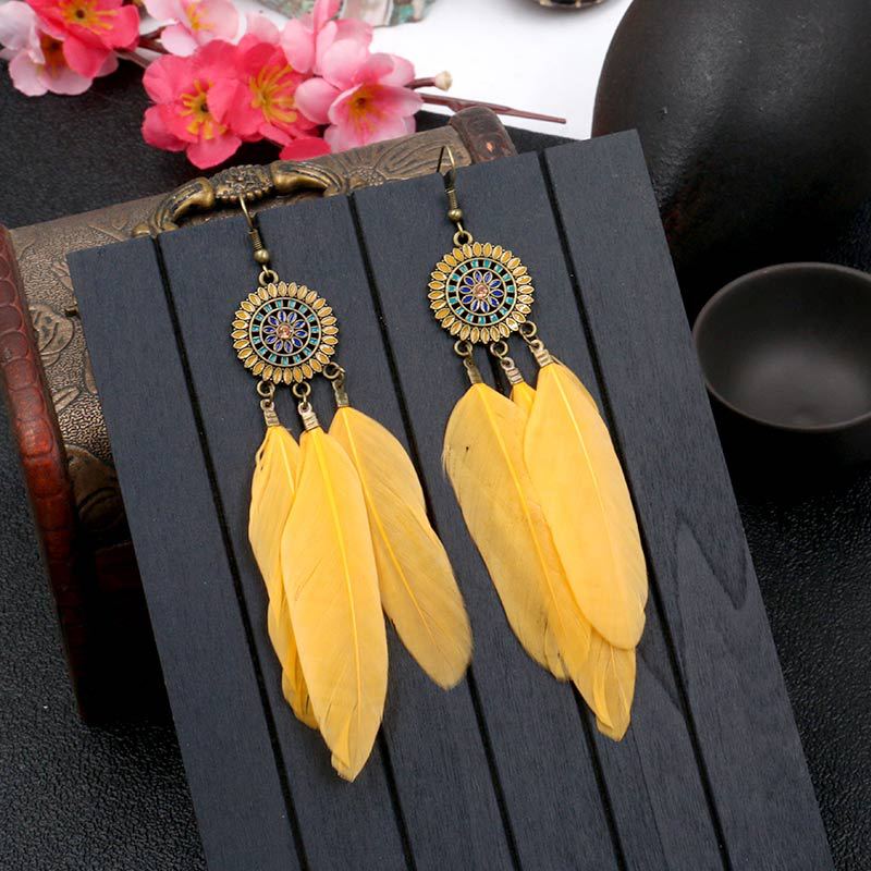 Boucles d'oreilles à pampilles en plumes de tournesol vintage : boucles d'oreilles pendantes élégantes pour les vacances et le quotidien des femmes